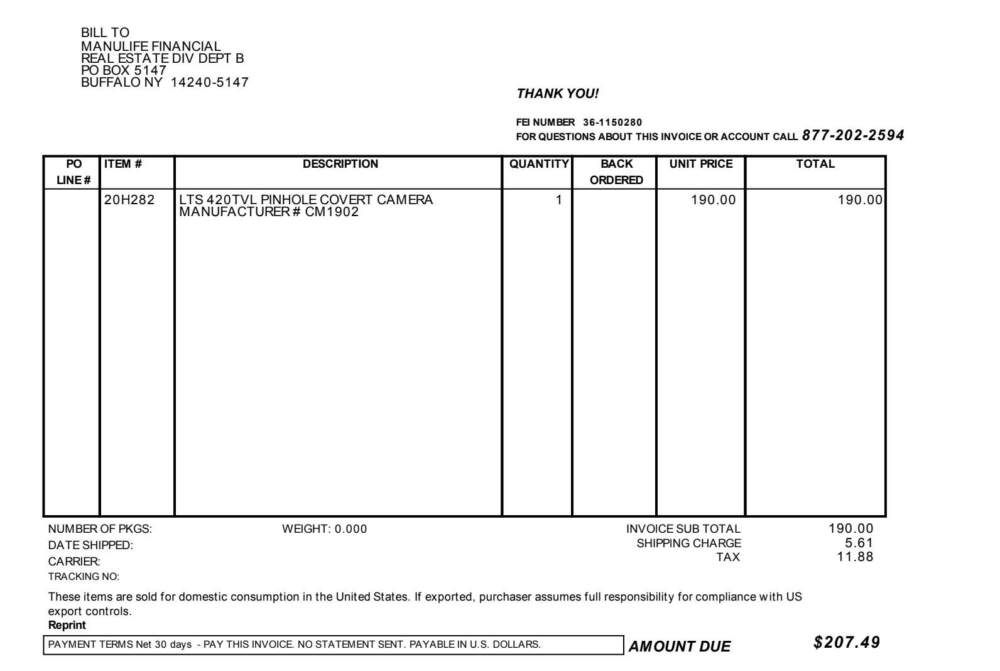 An invoice from the supply company Grainger shows a pinhole camera was shipped to John Hancock's then-Seaport headquarters, and billed to parent company Manulife Financial. (Suffolk County Superior Court records)
